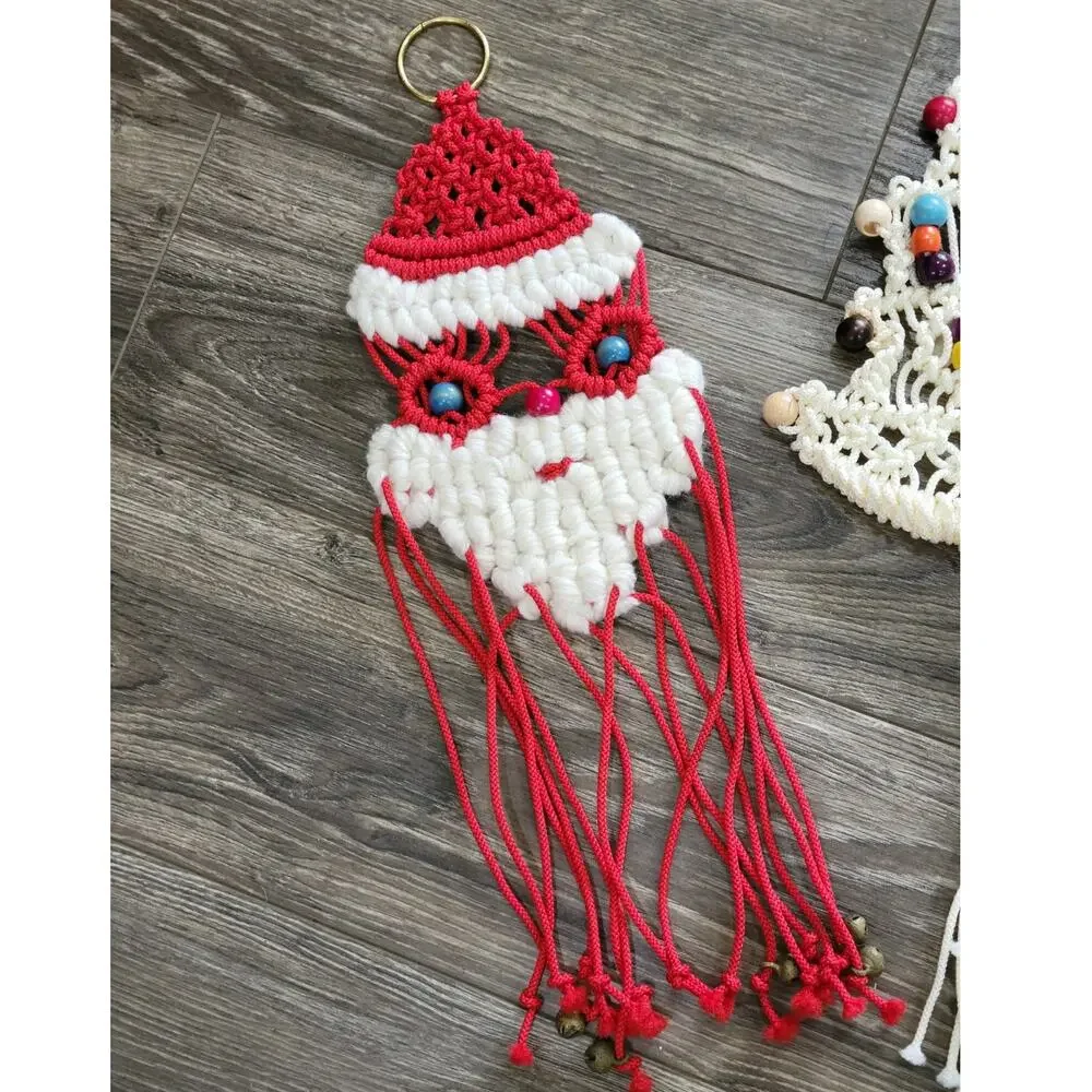 Handmade Macrame Santa‎ & Christmas Tree Wall Hangings Wood Beads Lot of TWO